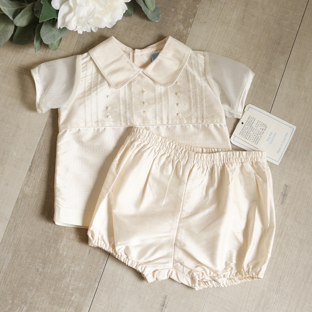 RARE Boys Cream Ecru Silk 2 Piece Set Ring Bearer Formal Occasion 0/3 Month NWT
